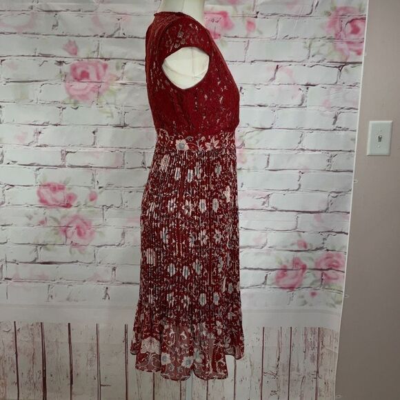 Plenty Anthropologie Women's Arcadia Accordion Pleated Laced Midi Dress Brown Si - Picture 6 of 12